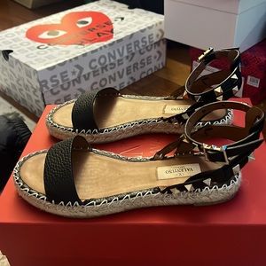 Valentino Rockstud T 20 Black Leather Stud Ankle Strap Espadrille Flat Sandal 36